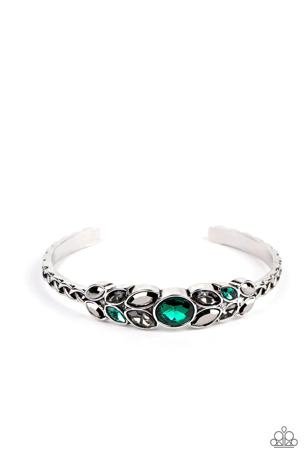 Paparazzi Accessories Vogue Vineyard - Green A large green rhinestone is set in a rounded silver frame and set atop a skinny silver cuff. Marquise shaped pieces of hematite, green rhinestones and rhinestones in a smoky hue fan out from the center in a lea