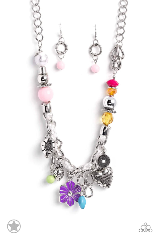 Paparazzi Accessories Charmed I Am Sure - Multi White cording is braided through a chunky silver chain. A unique variety of colorful charms decorate the piece including a delicate flower and a heart inscribed with the phrase "With All My Heart" on one sid
