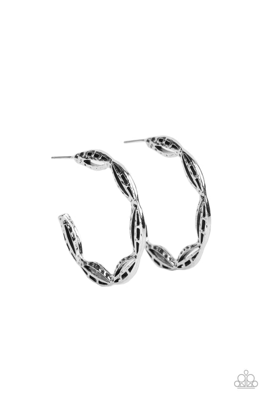 Paparazzi Accessories Eco Express - Silver Hammered in antiqued texture, abstract silver frames delicately connect into a rustic hoop for an authentic look. Earring attaches to a standard post fitting. Hoop measures approximately 1 1/2 in diameter. Sold a