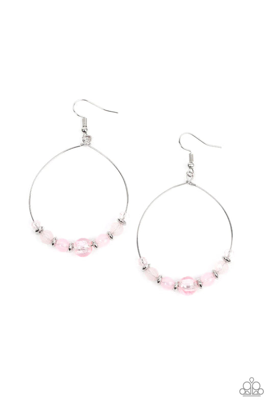 Paparazzi Accessories Ambient Afterglow - Pink Infused with dainty silver accents, opaque and glassy pink beads glide along a wire hoop for an ethereal pop of color. Earring attaches to a standard fishhook fitting. Sold as one pair of earrings. Jewelry