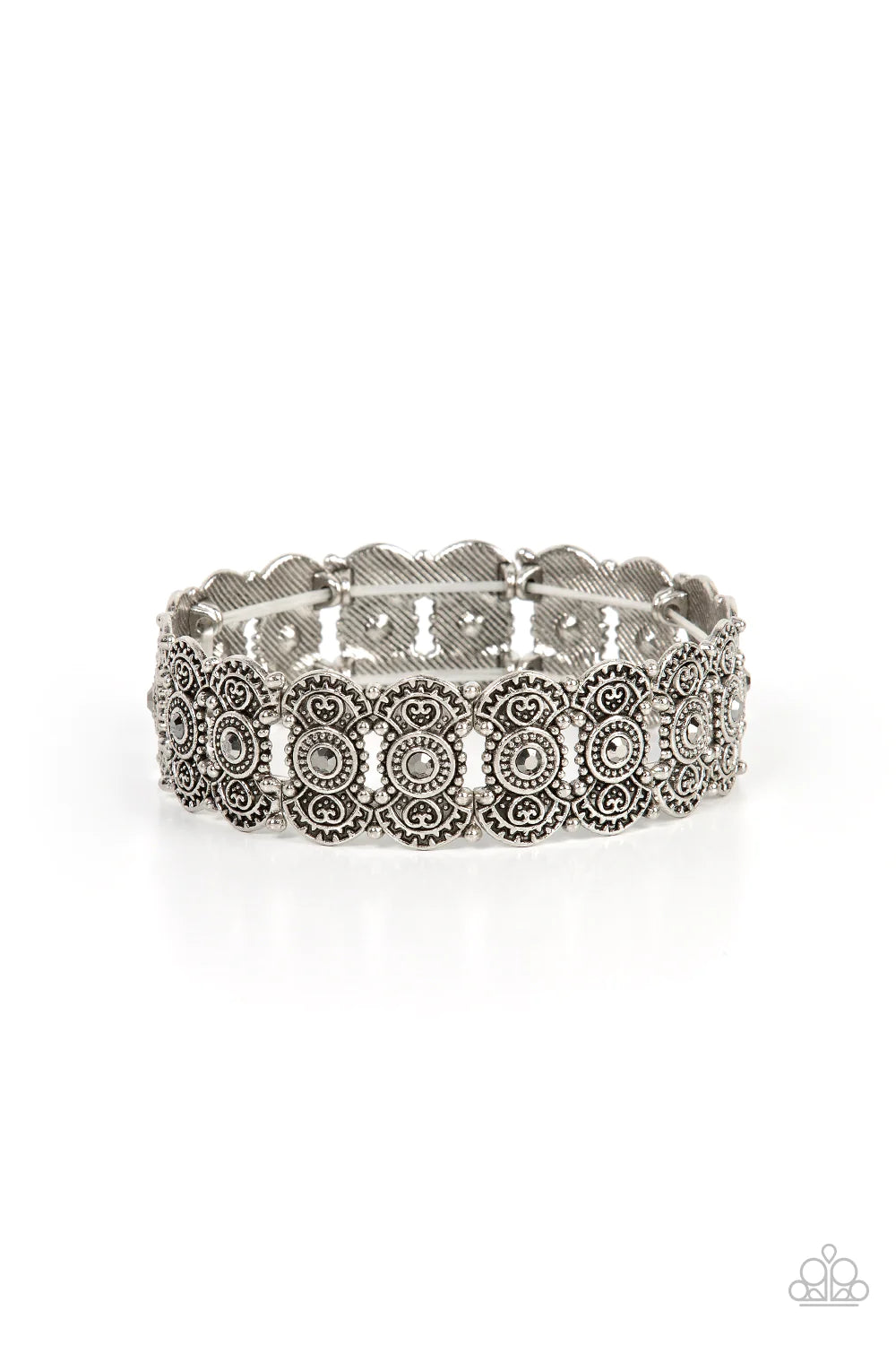 Paparazzi Accessories Rapturous Romance -Silver Dotted with smoky hematite rhinestones, pairs of studded and heart embossed patterned silver frames are threaded along stretchy bands around the wrist for a romantic fashion. Sold as one individual bracelet.