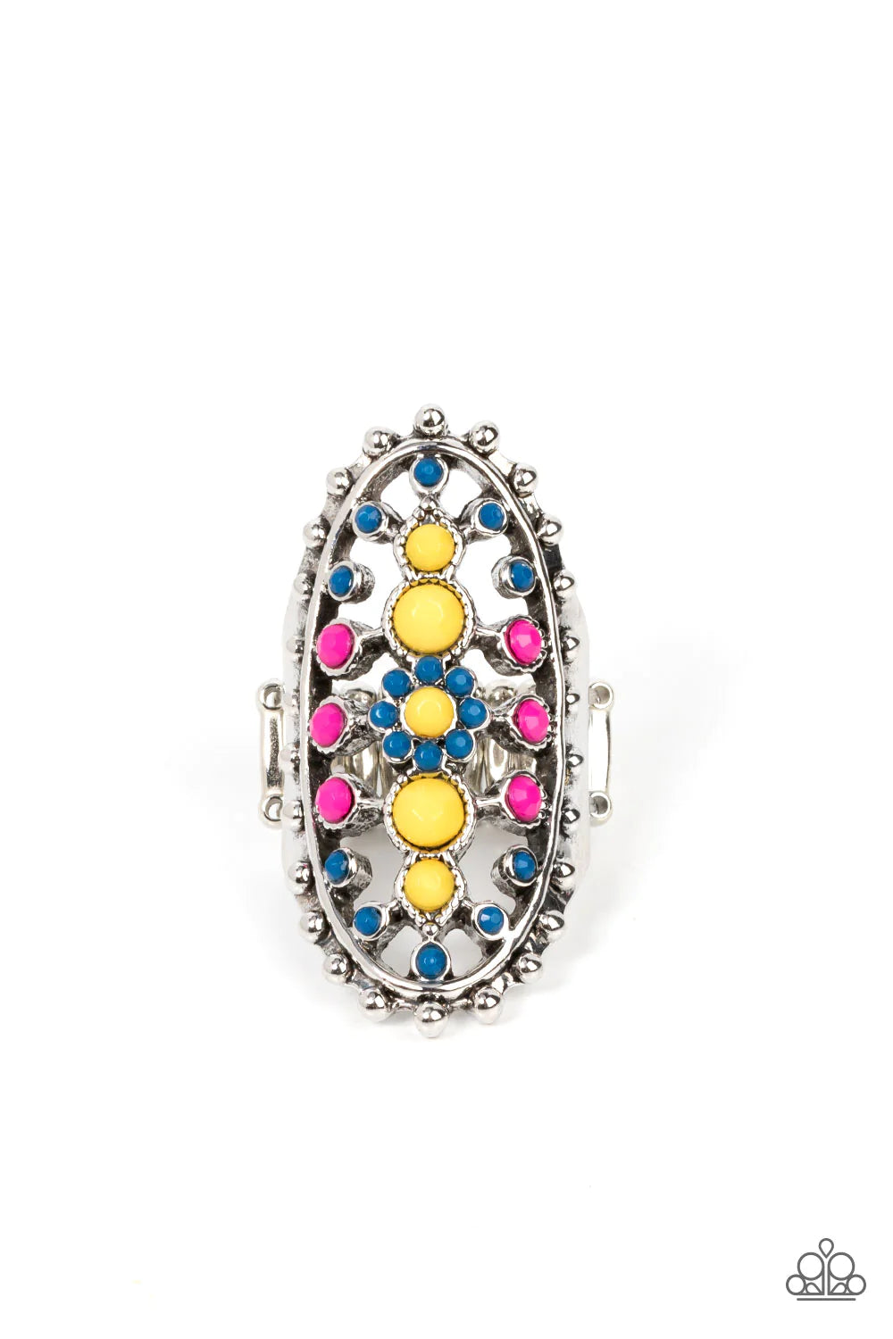 Paparazzi Accessories Sonoran Solstice - Blue Dainty Illuminating, Mykonos Blue, and Fuchsia Fedora beads dot the airy front of a studded silver oval frame, creating a colorful floral pattern across the finger. Features a stretchy band for a flexible fit.