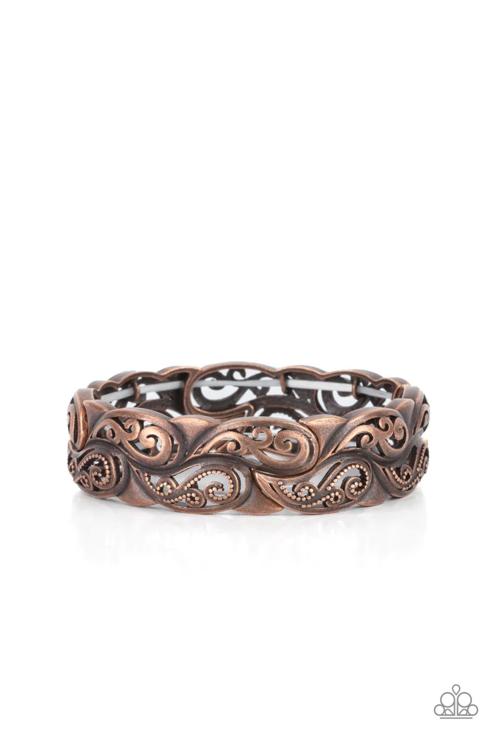 Paparazzi Accessories Paisley Portico - Copper Antiqued copper paisley patterned frames are threaded along stretchy bands around the wrist, creating a rustic centerpiece. Sold as one individual bracelet. Jewelry