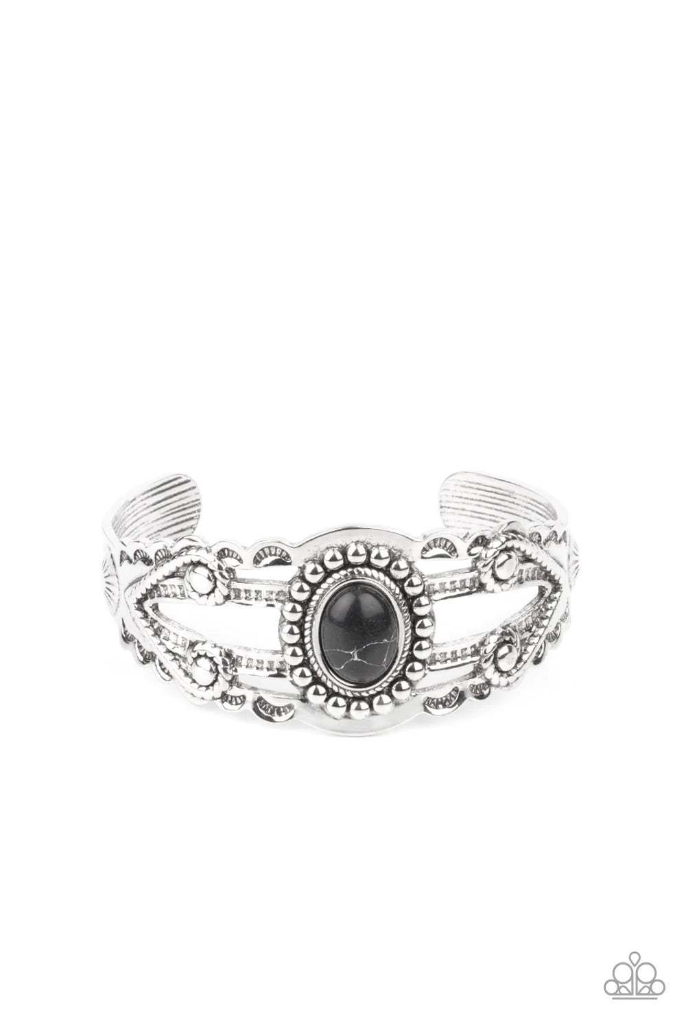 Paparazzi Accessories Sonoran Soul Searcher - Black An oval black stone is pressed into the center of an ornately layered silver cuff that is stamped and embossed in floral and tribal inspired patterns, creating a seasonal pop of color around the wrist. S