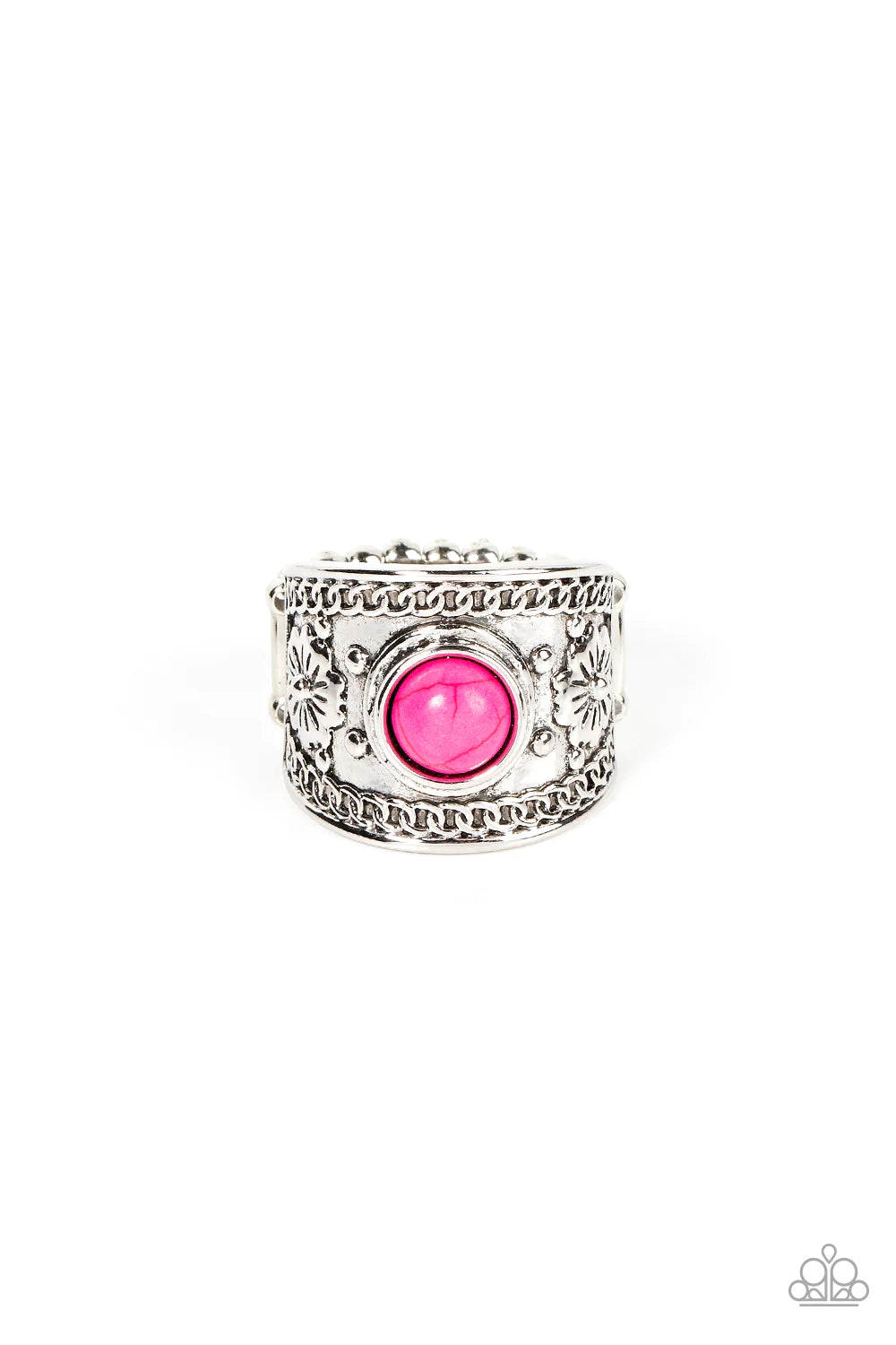 Paparazzi Accessories HAVEN-Sent - Pink Bordered in chain-like details, a thick silver frame is adorned with a vivacious pink stone that is flanked by whimsical floral accents for a seasonal flair. Features a stretchy band for a flexible fit. Sold as one