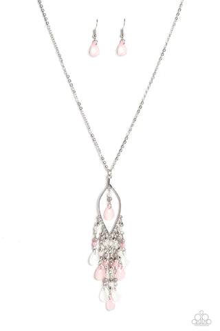 Paparazzi Accessories Sweet DREAMCATCHER - Multi Dainty pearls, gray accents, and white and baby pink teardrop beads in an opaque finish cascade from the bottom of an airy silver almond-shaped frame. A strand of white and gray pearls and a solitaire baby