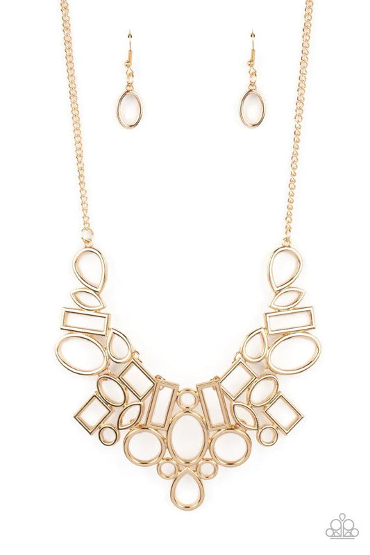 Paparazzi Accessories Geometric Grit - Gold A collection of open gold frames in a variety of geometric shapes collide to create a high sheen statement piece that adorns the collar. A teardrop drops from the center of the design, adding eye-catching dimens