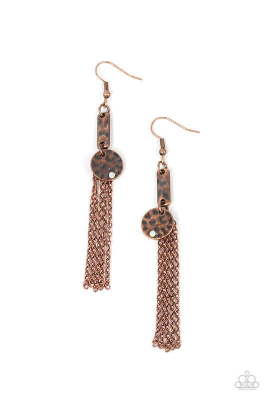 Paparazzi Accessories Twinkle Twinkle Little Trinket - Copper Dainty copper chains stream from a hammered copper bar. A small hammered copper disc, dotted with a single dainty opal rhinestone, sways in front for a charismatic finish. Earring attaches to a