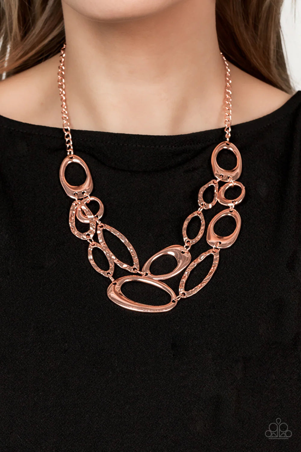 Paparazzi Accessories Game Oval - Copper A mismatched assortment of asymmetrical and hammered shiny copper ovals delicately links below the collar, creating refined metallic layers. Features an adjustable clasp closure. Sold as one individual necklace. In