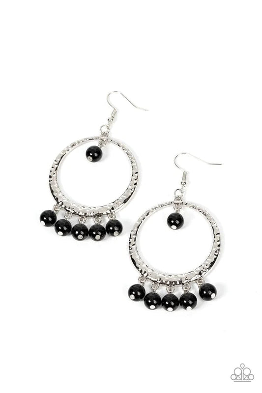 Paparazzi Accessories Luscious Luxury - Black A single black bead swings from the top of a hammered silver hoop. Matching black beads dance from the bottom of the hoop, creating a bubbly fringe. Earring attaches to a standard fishhook fitting. Jewelry