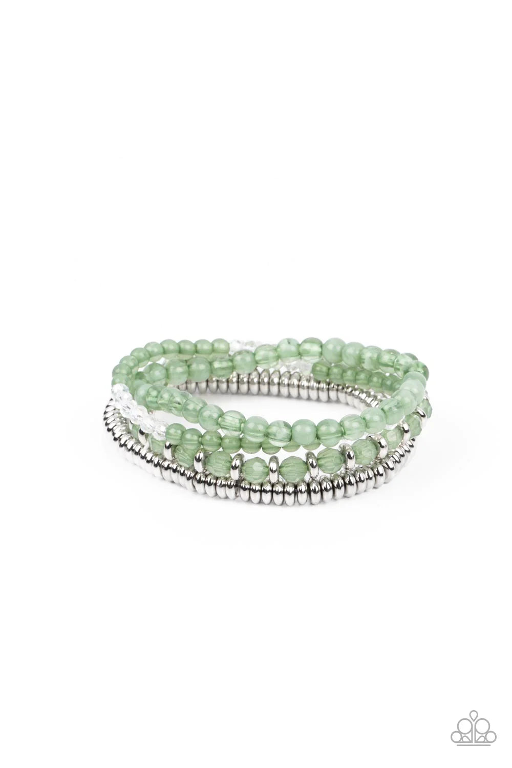 Paparazzi Accessories Destination Dreamscape - Green A mismatched collection of opaque and crystal-like Basil beads intermix with silver accents and white crystal-like beads along stretchy bands around the wrist, creating colorful layers. Sold as one set