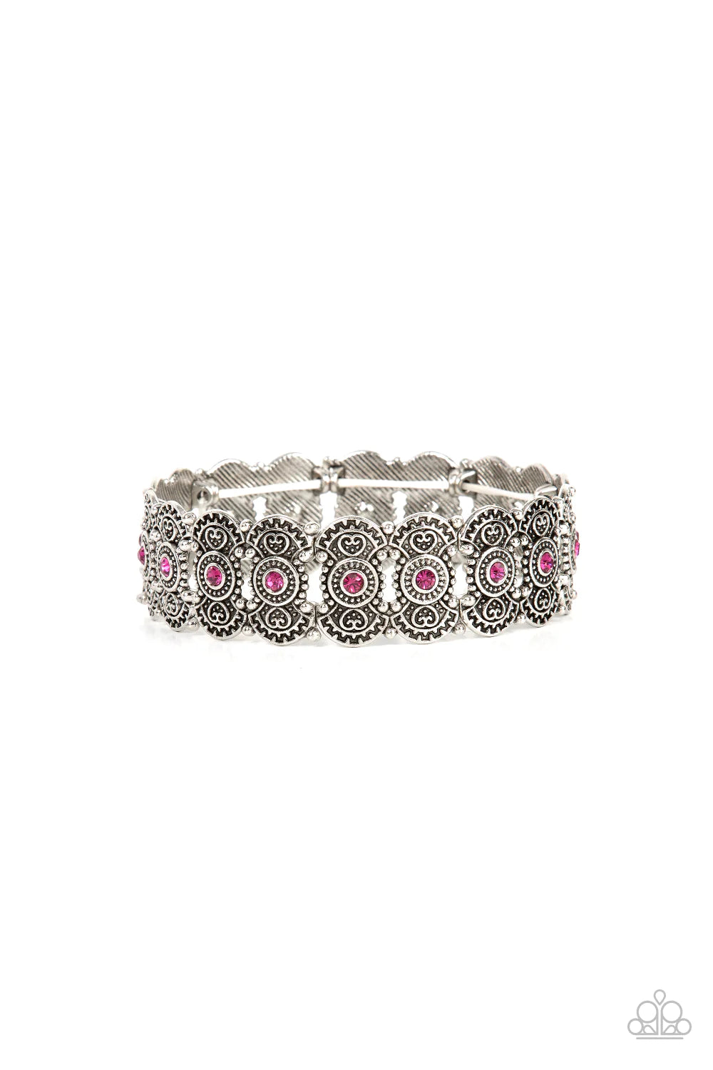 Paparazzi Accessories Rapturous Romance - Pink Dotted with sparkly pink rhinestones, pairs of studded and heart embossed patterned silver frames are threaded along stretchy bands around the wrist for a romantic fashion. Sold as one individual bracelet.