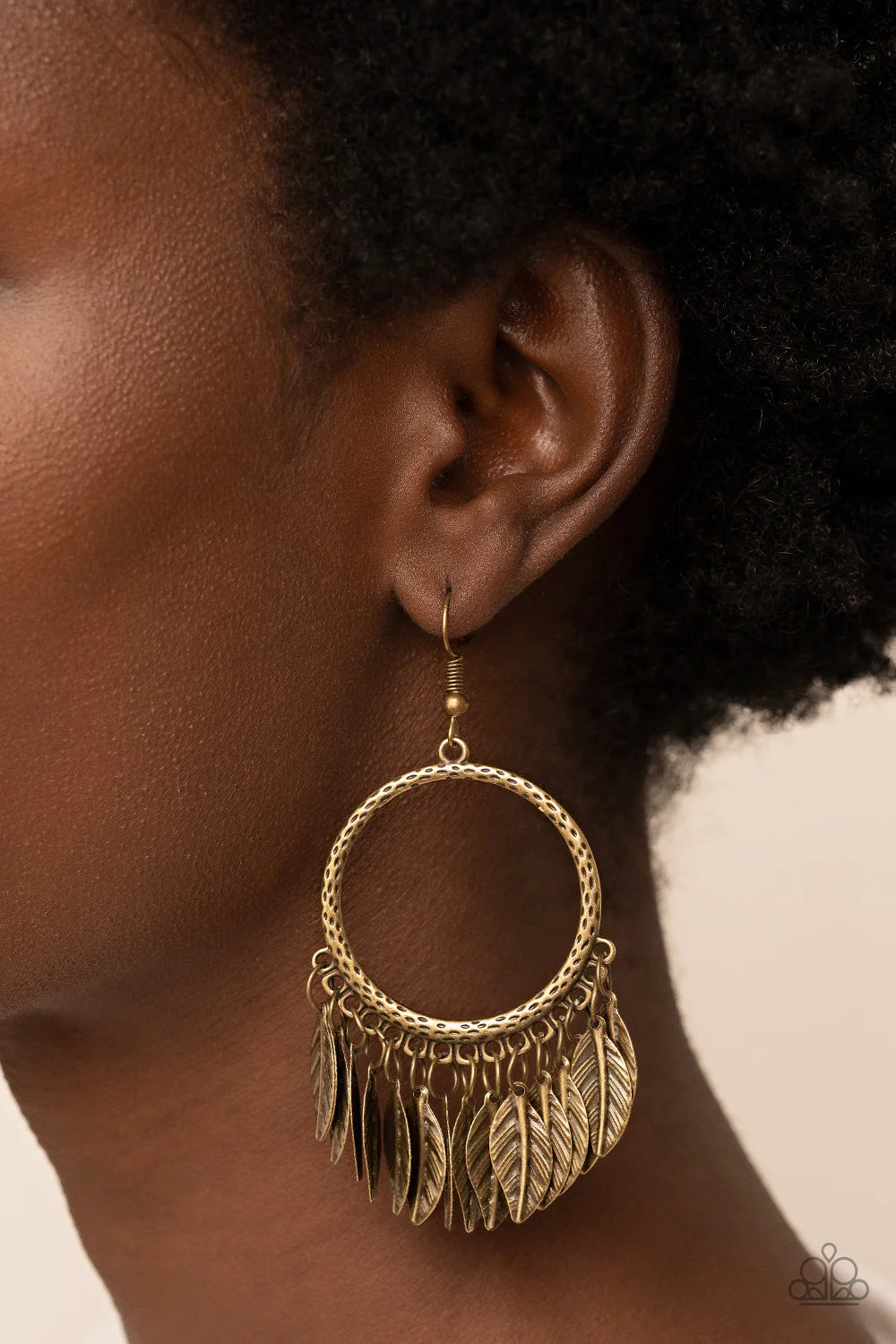 Paparazzi Accessories FOWL Tempered - Brass Embossed brass feathers dance from the bottom of a hammered brass hoop, resulting into a free-spirited fringe. Earring attaches to a standard fishhook fitting.