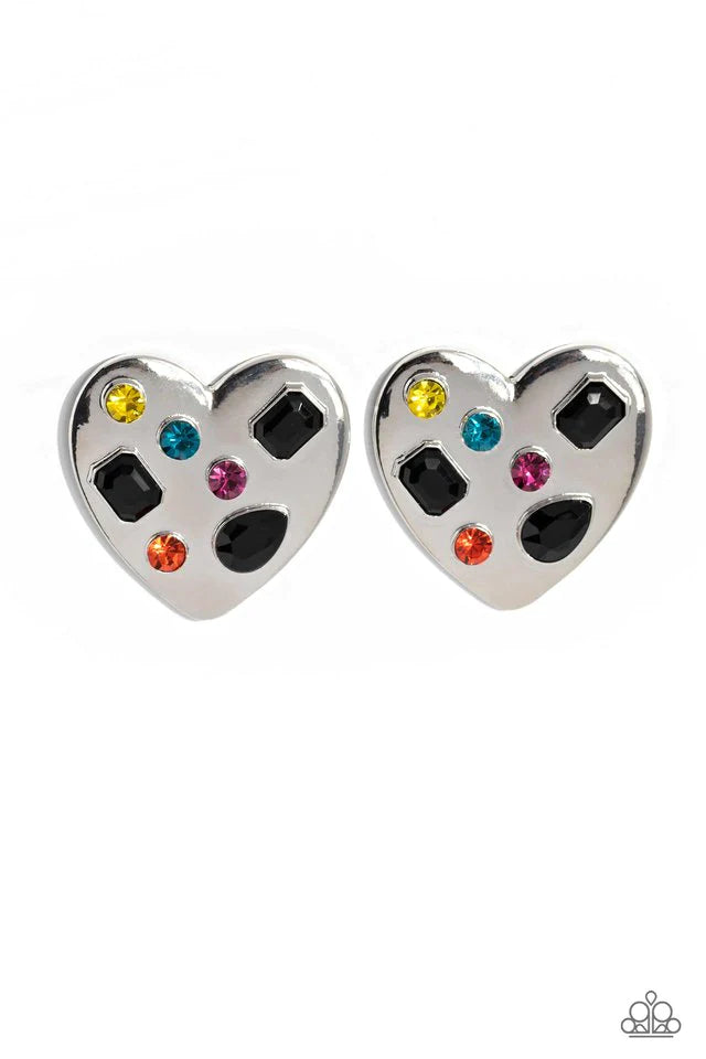 Paparazzi Accessories Relationship Ready - Black Brushed with shimmery pink, orange, yellow, blue, and black round, teardrop and emerald-cut gems, an oversized, high-sheen silver heart frame rests against the ear for a dazzling finish. Earring attaches to