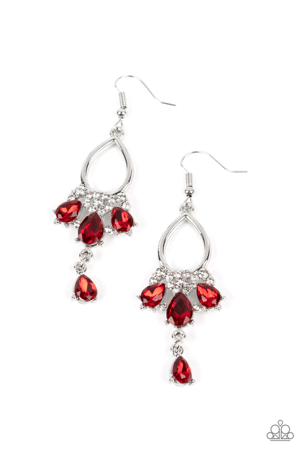 Paparazzi Accessories Coming in Clutch - Red A solitaire red teardrop rhinestone sways from the bottom of a fan of red rhinestone teardrops that flares out from a white rhinestone floral accent at the bottom of an airy silver frame, resulting in a modern