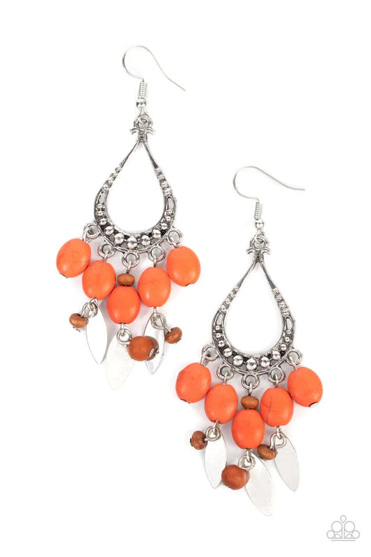 Paparazzi Accessories Adobe Air - Orange An earthy assortment of burnt orange stones, wooden beads, and rustic silver frames cascade from the bottom of a studded silver teardrop, resulting in an artisan inspired fringe. Earring attaches to a standard fish