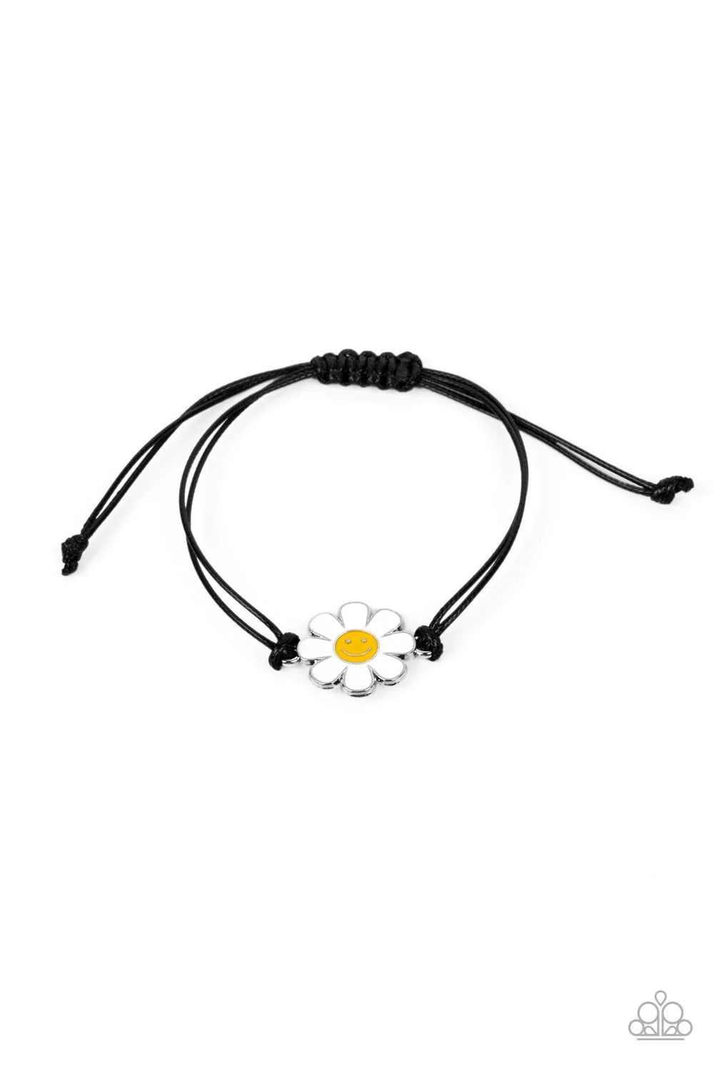 Paparazzi Accessories DAISY Little Thing - Black Held together and centered within soft black cording, a single daisy charm rests. Featuring a silver smiley face in its yellow center, this single flower provides a fashionably, minimalistic statement aroun