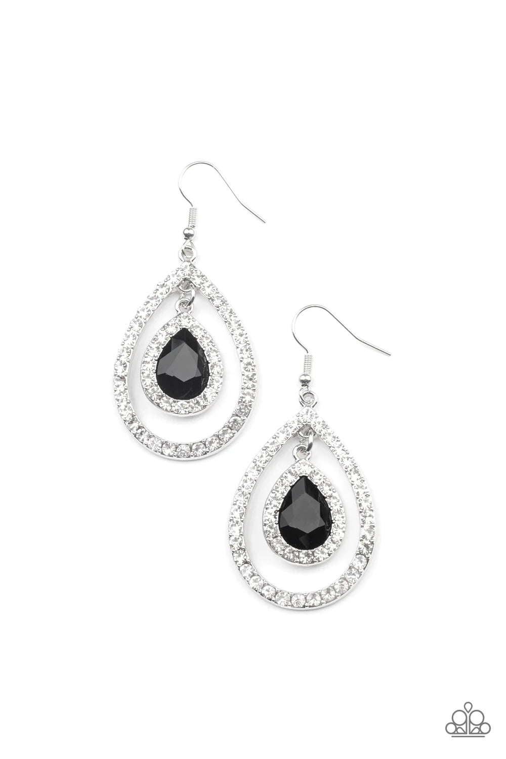 Paparazzi Accessories Blushing Bride - Black A glittery black teardrop gem, encased in a sparkling white rhinestone frame, creates a striking pendant as it dangles inside an airy teardrop frame encrusted with white rhinestones and culminates into a mesmer