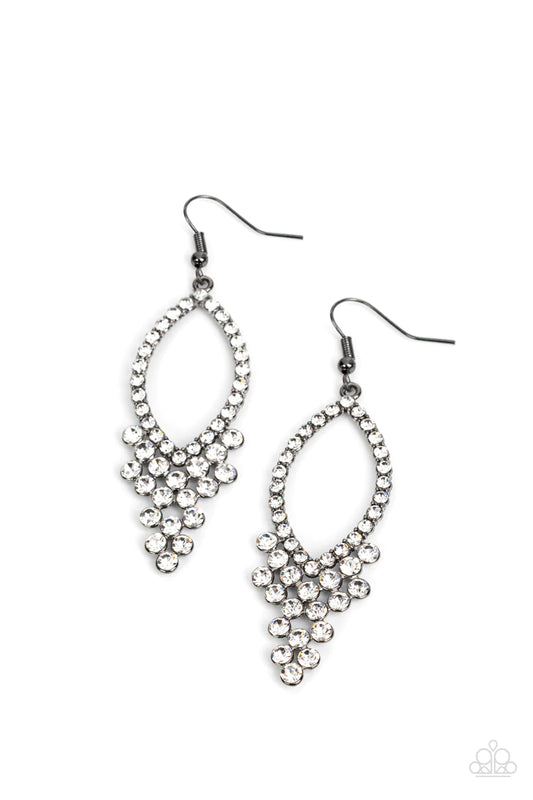 Paparazzi Accessories GLOWING Off The Deep End - Black A bubbly cluster of glassy white rhinestones delicately collect at the bottom of a white rhinestone encrusted gunmetal frame, resulting in an elegant effervescence. Earring attaches to a standard fish