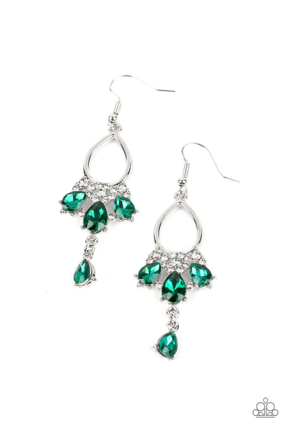 Paparazzi Accessories Coming in Clutch - Green A solitaire green teardrop rhinestone sways from the bottom of a fan of green rhinestone teardrops that flares out from a white rhinestone floral accent at the bottom of an airy silver frame, resulting in a m