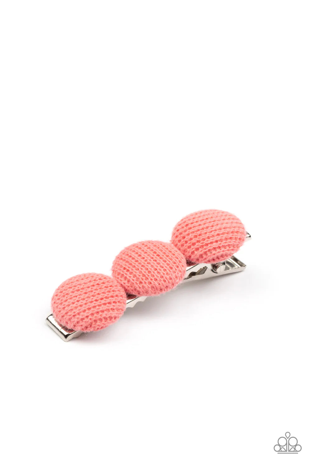 Paparazzi Accessories Cute as a Button - Orange A trio of knitted coral button top frames embellish the front of a classic silver frame, creating a playful pop of color. Features a standard hair clip on the back. Sold as one individual hair clip. Hair Acc