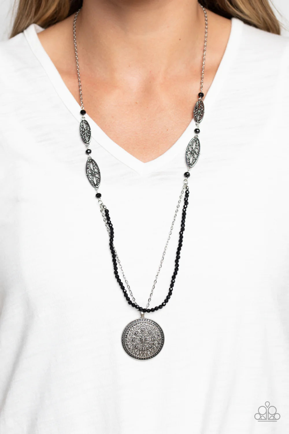 Paparazzi Accessories Garden of Grace - Black Black beads separated by silver floral-like filigree ovals glide down to a shimmery pendant with floral-like filigree details encased in a circular frame. A strand of black beads adds a layer to this graceful