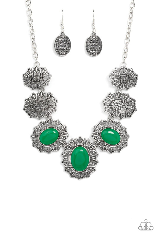 Paparazzi Accessories Forever and EVERGLADE - Green Filled with rustic filigree, scalloped silver frames gradually increase in size as they link below the collar. Three oversized oval green beads adorn the centermost frames, adding an ethereal pop of colo