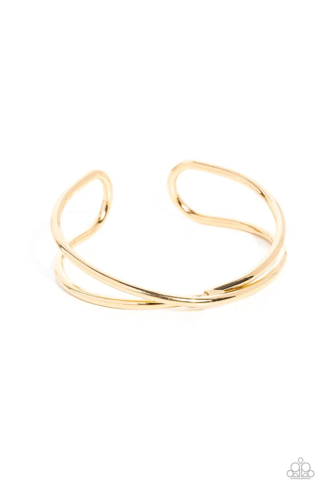 Paparazzi Accessories Teasing Twist - Gold High-sheen gold bars twist across the center of an airy cuff, coalescing into a minimalist statement around the wrist. Sold as one individual bracelet. Jewelry