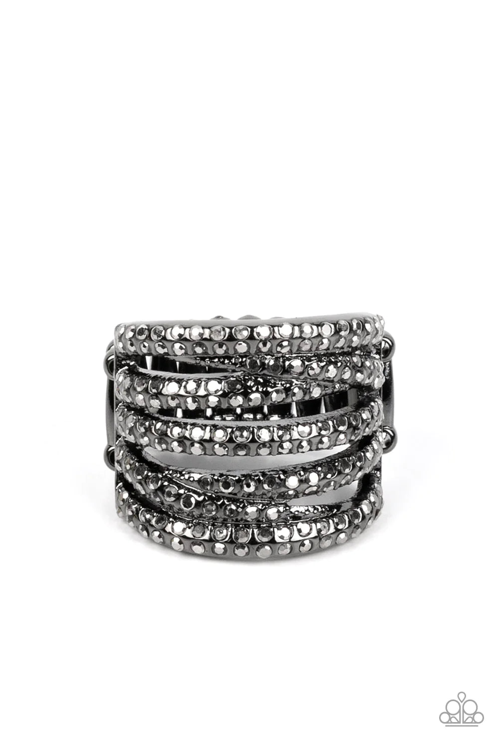 Paparazzi Accessories Knock-Out Opulence - Black Encrusted in dainty pairs of smoky hematite rhinestones, row after row of smoldering gunmetal bands stack and crisscross across the finger for a knockout look. Features a stretchy band for a flexible fit. S
