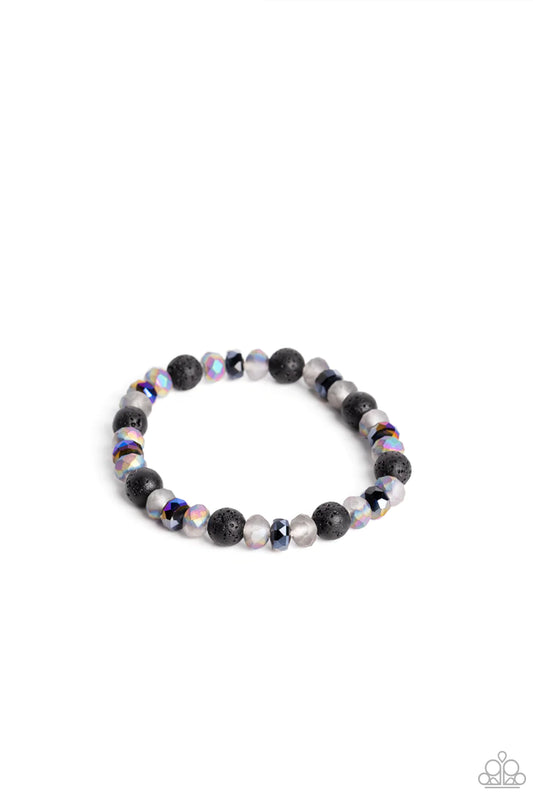 Paparazzi Accessories Endless LAVA - Multi An earthy collection of black lava rock beads, oil spill disc beads, and faceted stones brushed in an oil spill shimmer are threaded along a stretchy band around the wrist, resulting in an edgy stellar look. Due