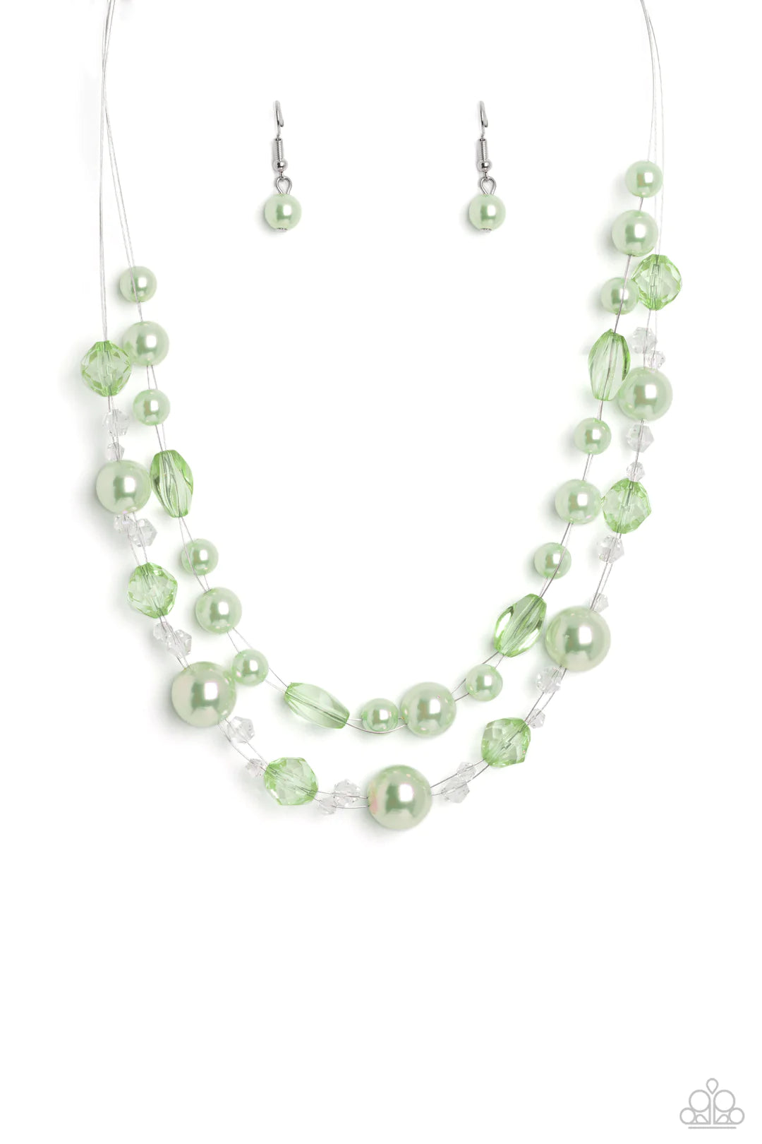 Paparazzi Accessories Parisian Pearls - Green Green beads brushed in a pearlescent finish are strung through glistening silver wires in a refined display. Infused with transparent and green beads, the layered clusters add a fashionable twist to the classi