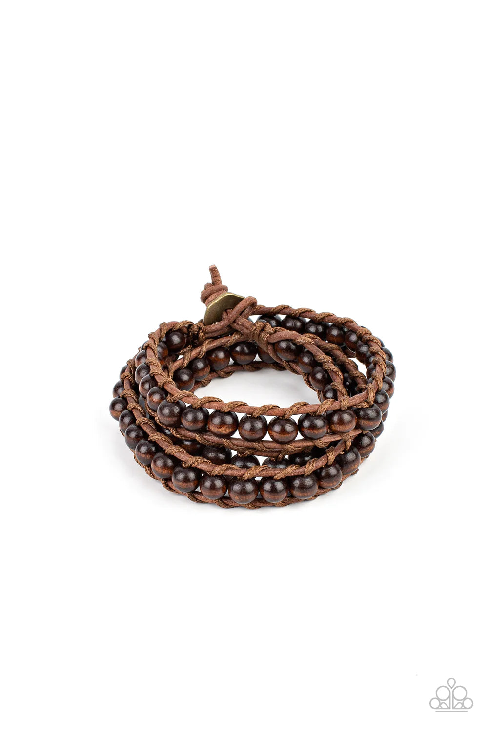 Paparazzi Accessories Pine Paradise - Brown A row of brown wooden beads are knotted in place along two brown leather cords, creating multiple earthy layers around the wrist with its extended length. Features an adjustable button loop closure. Sold as one