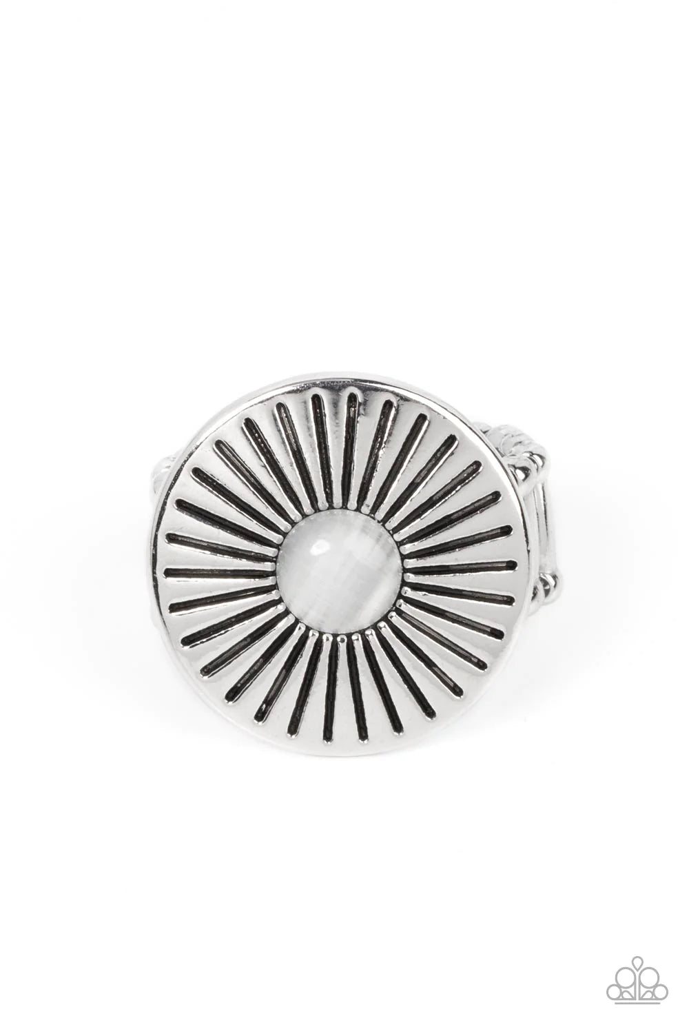 Paparazzi Accessories Everglade Eden - White Antiqued lines flare out from a white cat's eye stone center atop an oversized silver disc, creating an ethereal floral pattern atop the finger. Features a stretchy band for a flexible fit. Sold as one individu