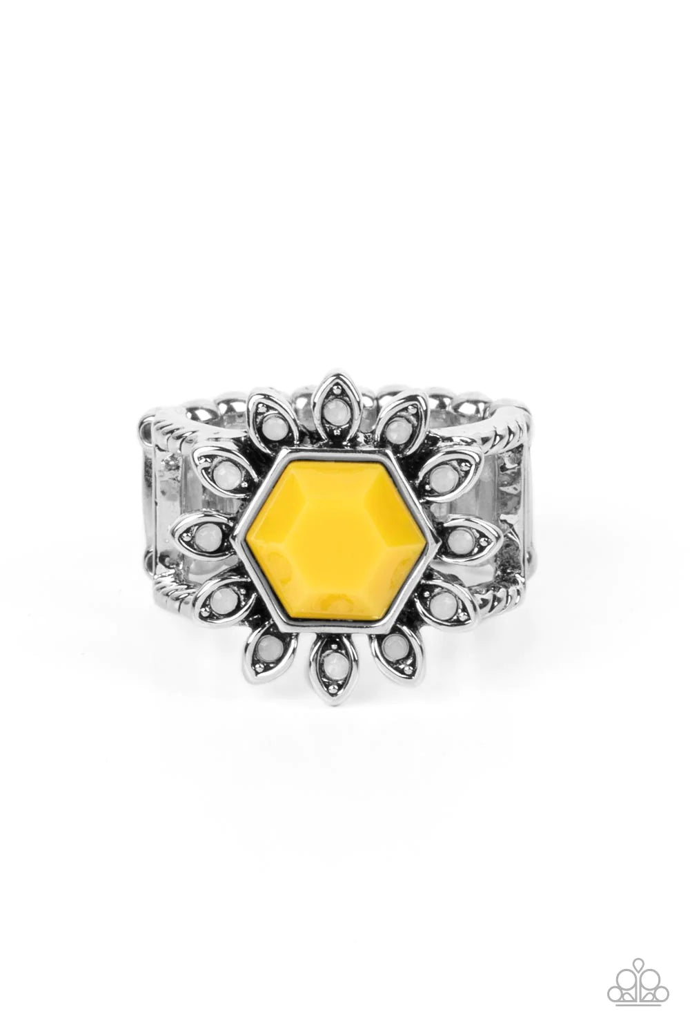 Paparazzi Accessories Wonderfully Wallflower - Yellow A hexagon-shaped Samoan Sun bead is pressed into the center of an antiqued silver frame. Dainty silver petals dotted with white opalescent centers radiate around the defaced bead creating a whimsical a