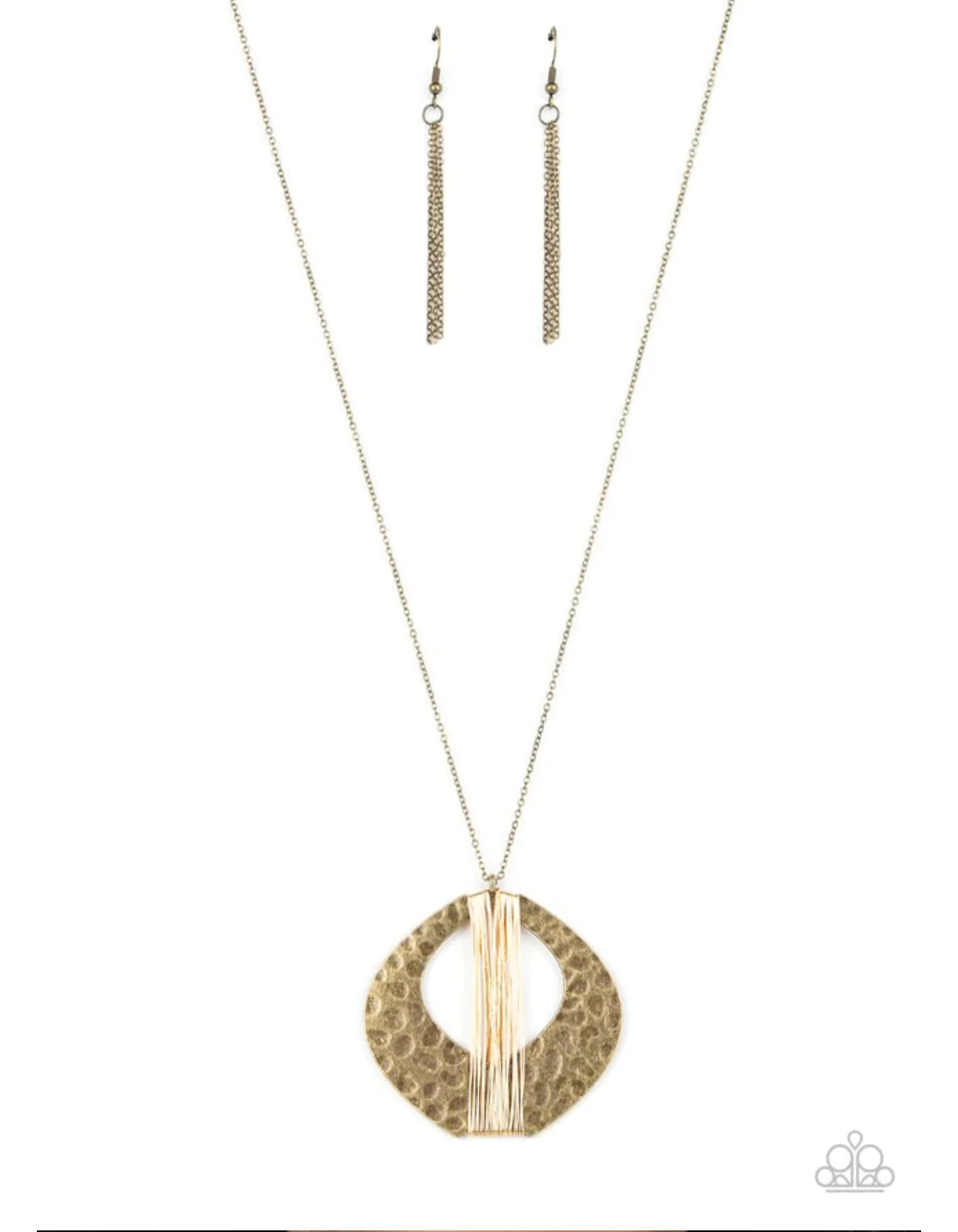 Paparazzi Accessories State of the ARTISAN - Brass Dainty silver wire is haphazardly wrapped around the center of a hammered oval gold frame, creating a one-of-a-kind pendant at the bottom of a lengthened gold chain. Features an adjustable clasp closure.