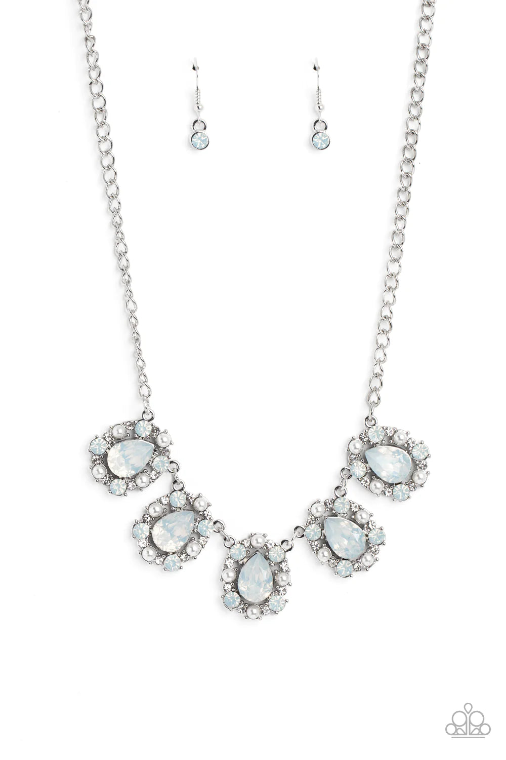 Paparazzi Accessories Pearly Pond - White Encased in shimmery silver frames, a collection of white, opalescent, teardrop gems twinkles above the collar. Dainty white pearls, white crystal-like gems, and white rhinestones surround each teardrop, amplifying