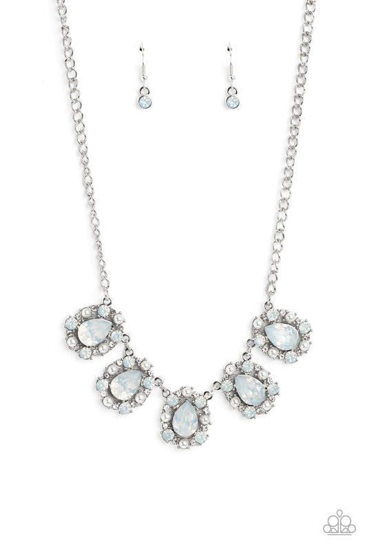 Paparazzi Accessories Pearly Pond - White Encased in shimmery silver frames, a collection of white, opalescent, teardrop gems twinkles above the collar. Dainty white pearls, white crystal-like gems, and white rhinestones surround each teardrop, amplifying