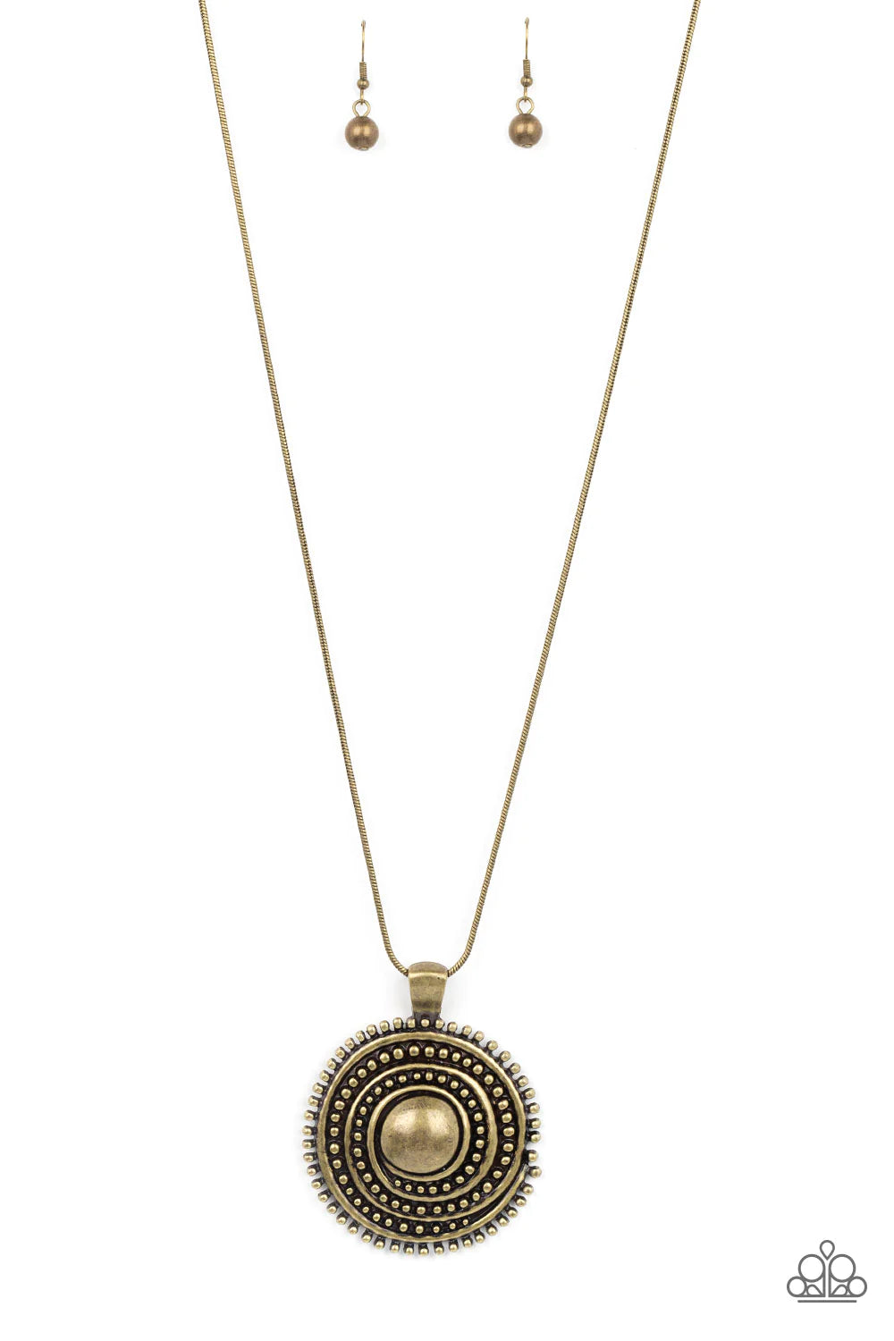 Paparazzi Accessories Solar Swirl - Brass Brushed in a rustic shimmer, a smooth brass ribbon whirls around rows of brass studs that swirl into a dizzying medallion at the bottom of a rounded brass snake chain. Features an adjustable clasp closure. Sold as