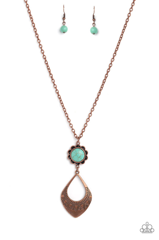 Paparazzi Accessories Stone Toll - Copper Dangling from an elongated, copper link chain, two whimsical, interconnected shapes coalesce down the chest. An oversized turquoise stone, wrapped in a copper floral frame swings as the uppermost shape above an ov