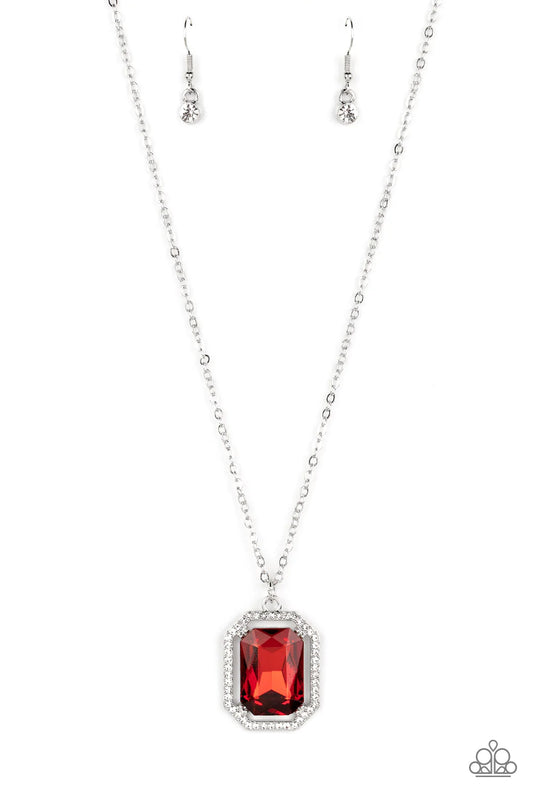 Paparazzi Accessories Galloping Gala - Red A dramatically oversized, emerald-cut red gem shimmers as it swings from the bottom of a long silver chain. Dainty white rhinestones create an airy frame that wrap around the reflective centerpiece, scattering li