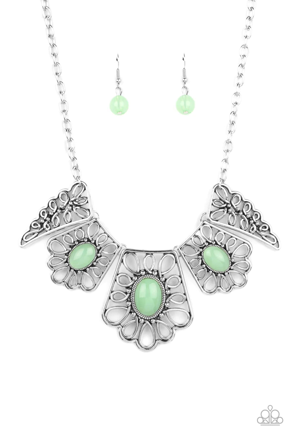 Paparazzi Accessories Glimmering Groves - Green Airy frames formed from swirls of filigree fan out along the collar in a vintage display. Shiny Basil beads are pressed into the three centermost frames, with smaller floral-inspired accents on either side a