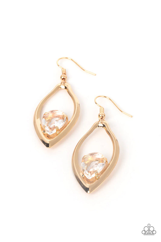 Paparazzi Accessories Beautifully Bejeweled - Gold A golden teardrop gem is nestled inside the bottom of a warped gold frame, culminating into an edgy sparkle. Earring attaches to a standard fishhook fitting. Sold as one pair of earrings. Jewelry