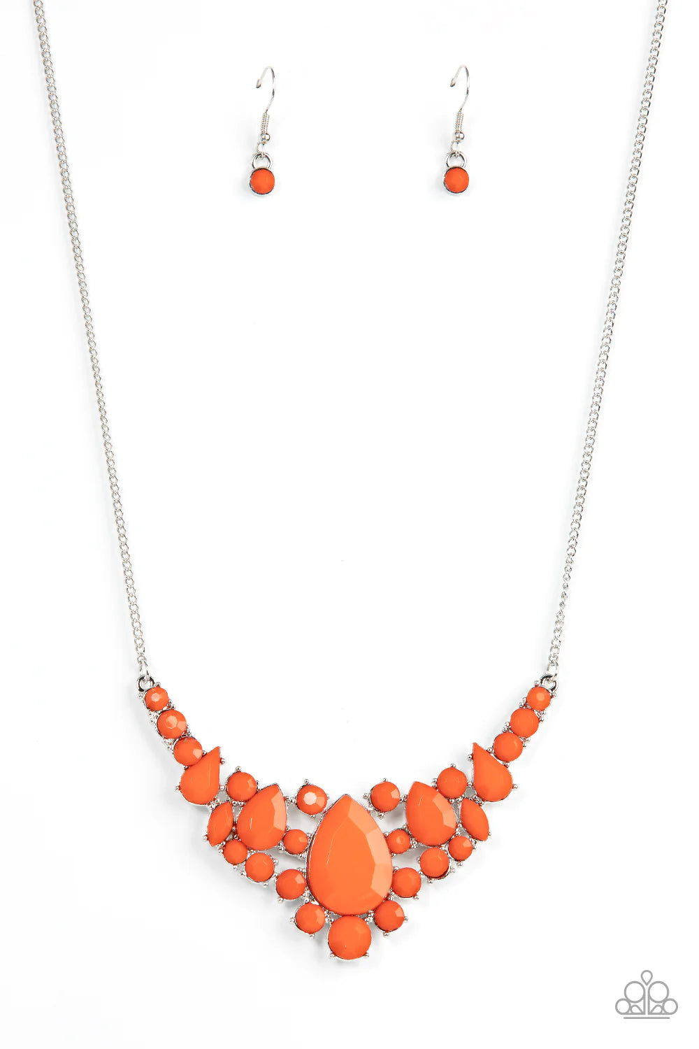 Paparazzi Accessories Bali Ballroom - Orange A faceted collection of round, teardrop, and marquise style orange beads coalesce around an oversized orange teardrop bead, resulting in a dramatic centerpiece below the collar. Features an adjustable clasp clo