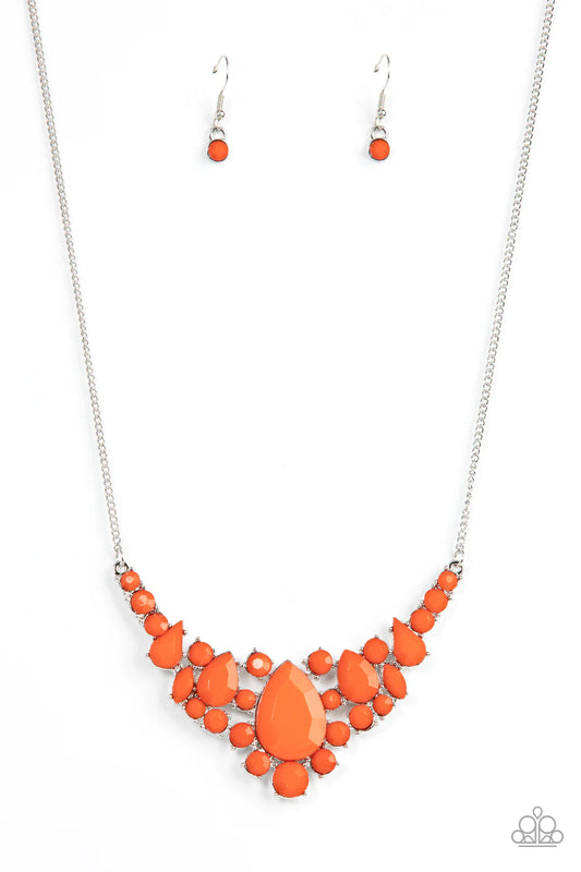 Paparazzi Accessories Bali Ballroom - Orange A faceted collection of round, teardrop, and marquise style orange beads coalesce around an oversized orange teardrop bead, resulting in a dramatic centerpiece below the collar. Features an adjustable clasp clo