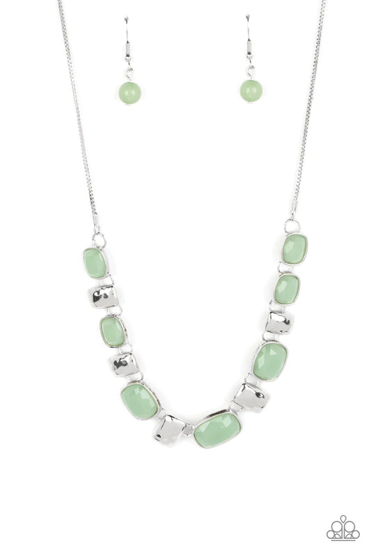 Paparazzi Accessories Polished Parade - Green Rounded rectangular beads in a vibrant Loden Frost hue are pressed into silver frames, showcasing their faceted surfaces as they crawl along the collar. Small silver, rectangular plates, hammered in subtle tex