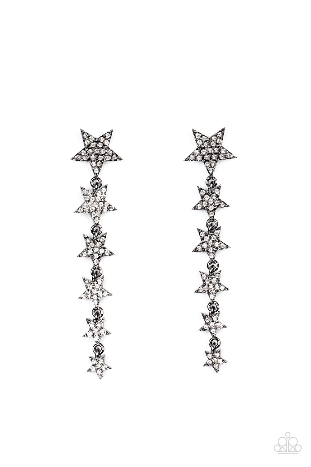 Paparazzi Accessories Americana Attitude - Black Dotted with dainty white rhinestones, a stellar collection of gunmetal stars decrease in size as they cascade from the ear for an out-of-this-world fashion. Earring attaches to a standard post fitting. Sold