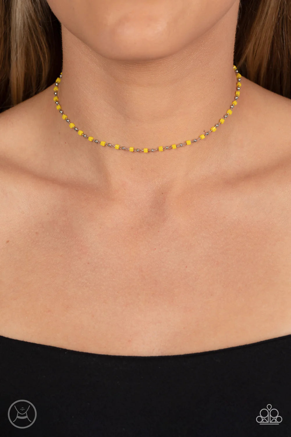 Paparazzi Accessories Neon Lights - Yellow Dainty silver beads and square Samoan Sun beads delicately link around the neck, creating a minimalist inspired bright pop of color. Features an adjustable clasp closure. Sold as one individual choker necklace. I