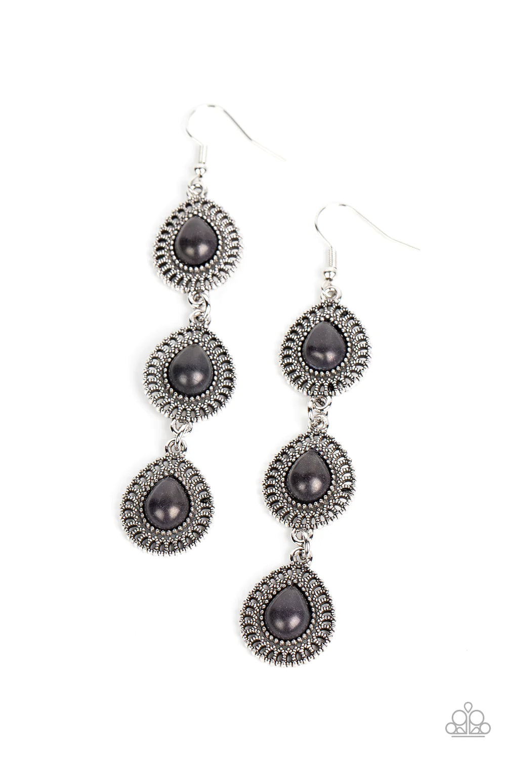 Paparazzi Accessories Desertscape Dweller - Black A trio of black stone teardrops are pressed into the centers of studded silver frames radiating with dizzying textures. The ornate frames delicately link into an extended lure for an exaggerated earthy loo