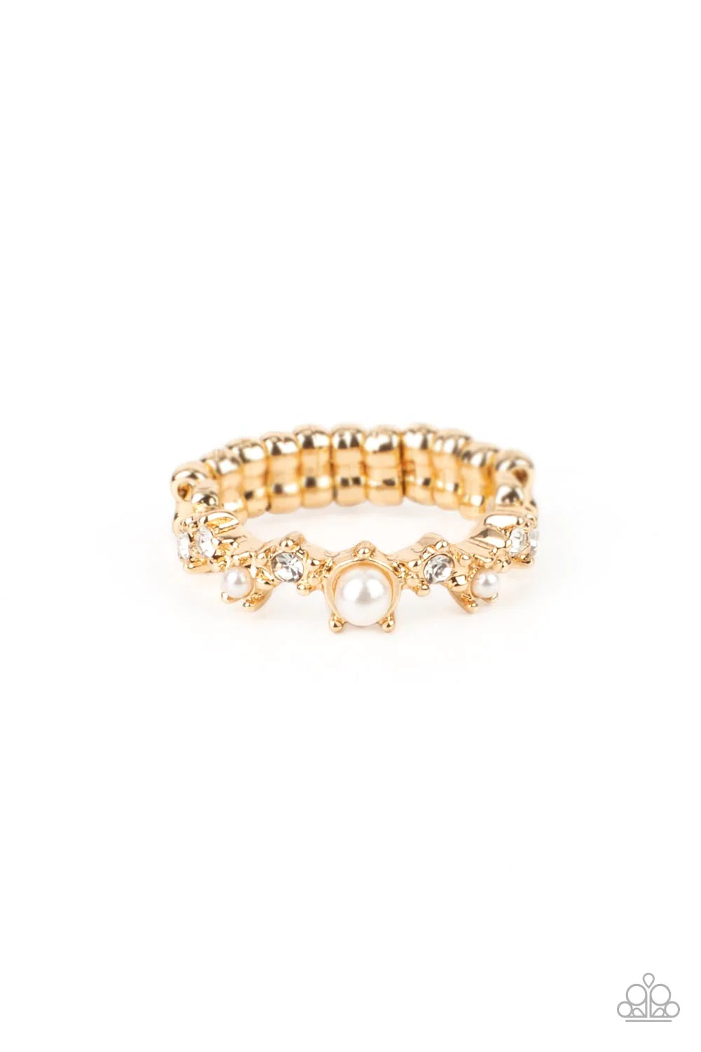 Paparazzi Accessories Blissfully Bella - Gold A dainty pearl bead encased in a classic gold pronged fitting is accompanied by sparkling white rhinestones and dotted pearl beads composing an exquisitely graceful fashion around the finger. Features a dainty