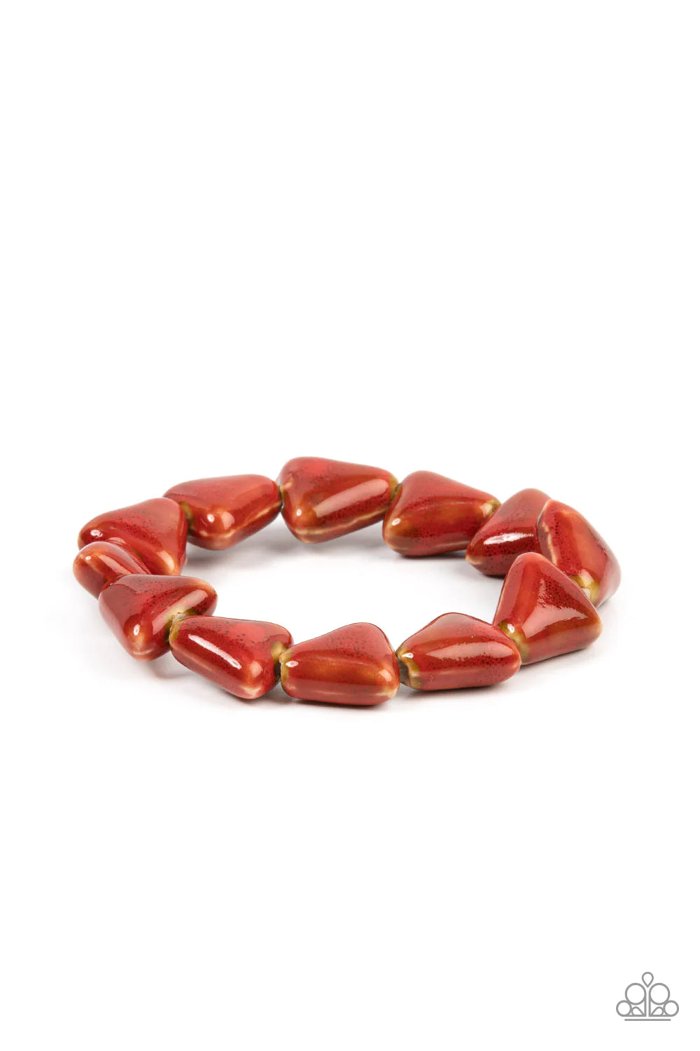 Paparazzi Accessories Shark Out of Water - Red Painted in a distressed red finish, ceramic beads shaped like shark teeth are threaded along a stretchy band around the wrist for a seasonal flair. Sold as one individual bracelet.